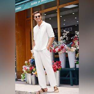 Men’s two piece linen set. Super comfortable with drawstring pants.